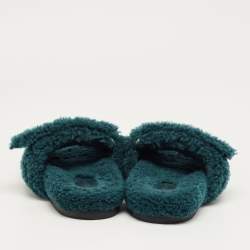 Pre Owned Hermès Teal Green Shearling Fur Chypre Flat Sandals Size 38