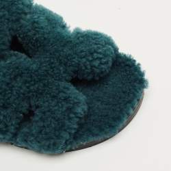 Pre Owned Hermès Teal Green Shearling Fur Chypre Flat Sandals Size 38