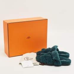 Pre Owned Hermès Teal Green Shearling Fur Chypre Flat Sandals Size 38