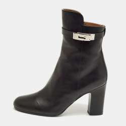 Pre Owned Hermes Black Leather Saint Germain Block Heel Ankle Boots Size 38.5