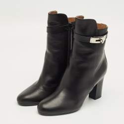 Pre Owned Hermes Black Leather Saint Germain Block Heel Ankle Boots Size 38.5