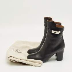 Pre Owned Hermes Black Leather Saint Germain Block Heel Ankle Boots Size 38.5