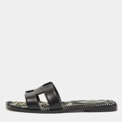 Pre Owned Hermes Black Leather Oran Flat Slides Size 36.5