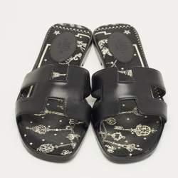 Pre Owned Hermes Black Leather Oran Flat Slides Size 36.5