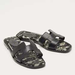 Pre Owned Hermes Black Leather Oran Flat Slides Size 36.5