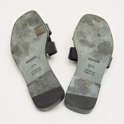 Pre Owned Hermes Black Leather Oran Flat Slides Size 36.5