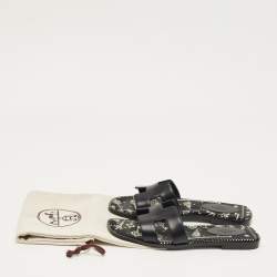 Pre Owned Hermes Black Leather Oran Flat Slides Size 36.5