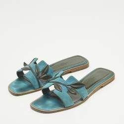 Pre Owned Hermes Blue/Green Leather and Suede Oran Laurier Sandals Size 36.5