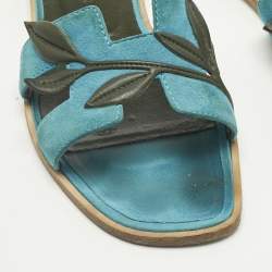 Pre Owned Hermes Blue/Green Leather and Suede Oran Laurier Sandals Size 36.5