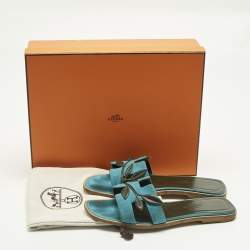 Pre Owned Hermes Blue/Green Leather and Suede Oran Laurier Sandals Size 36.5