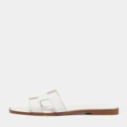 Pre Owned Hermès White Leather Oran Flat Slide Size 37