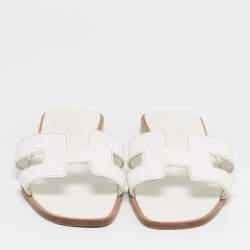 Pre Owned Hermès White Leather Oran Flat Slide Size 37