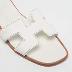 Pre Owned Hermès White Leather Oran Flat Slide Size 37