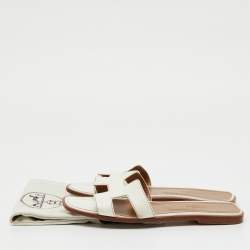 Pre Owned Hermes White Leather Oran Flat Slide Sandals Size 39