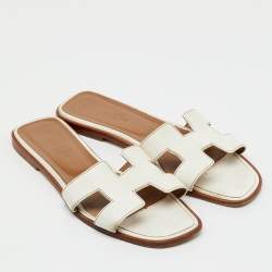 Pre Owned Hermes White Leather Oran Flat Slide Sandals Size 39