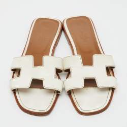 Pre Owned Hermes White Leather Oran Flat Slide Sandals Size 39