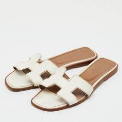 Pre Owned Hermes White Leather Oran Flat Slide Sandals Size 39