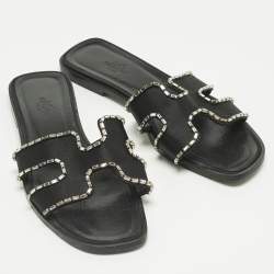 Pre Owned Hermes Black Satin Crystal Embellished Oran Flat Slides Size 39