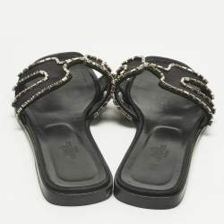 Pre Owned Hermes Black Satin Crystal Embellished Oran Flat Slides Size 39