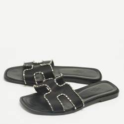 Pre Owned Hermes Black Satin Crystal Embellished Oran Flat Slides Size 39