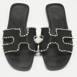 Pre Owned Hermes Black Satin Crystal Embellished Oran Flat Slides Size 39