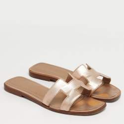 Pre Owned Hermes Rose Gold Leather Oran Flat Slides Size 36