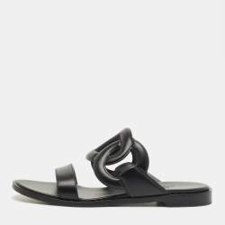 Pre Owned Hermes Black Leather Lagune Flat Slide Size 38