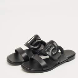 Pre Owned Hermes Black Leather Lagune Flat Slide Size 38
