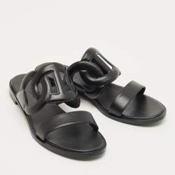 Pre Owned Hermes Black Leather Lagune Flat Slide Size 38