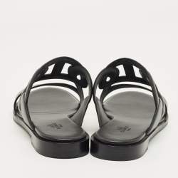 Pre Owned Hermes Black Leather Lagune Flat Slide Size 38