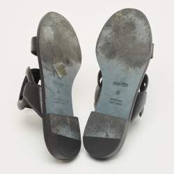 Pre Owned Hermes Black Leather Lagune Flat Slide Size 38
