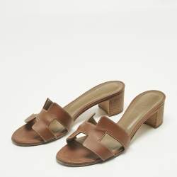 Pre Owned Hermes Brown Leather Oasis Block Heel Slide Sandals Size 38