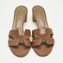 Pre Owned Hermes Brown Leather Oasis Block Heel Slide Sandals Size 38