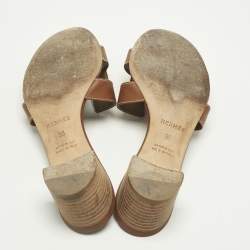Pre Owned Hermes Brown Leather Oasis Block Heel Slide Sandals Size 38