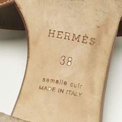 Pre Owned Hermes Brown Leather Oasis Block Heel Slide Sandals Size 38
