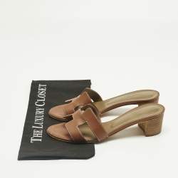 Pre Owned Hermes Brown Leather Oasis Block Heel Slide Sandals Size 38