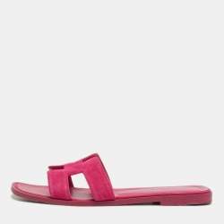 Pre Owned Hermes Pink Suede Oran Flat Slide Sandals Size 38.5