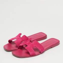 Pre Owned Hermes Pink Suede Oran Flat Slide Sandals Size 38.5
