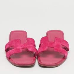 Pre Owned Hermes Pink Suede Oran Flat Slide Sandals Size 38.5