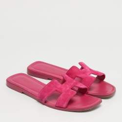 Pre Owned Hermes Pink Suede Oran Flat Slide Sandals Size 38.5