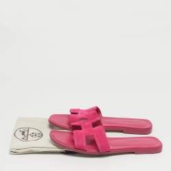Pre Owned Hermes Pink Suede Oran Flat Slide Sandals Size 38.5