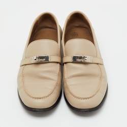 Pre Owned Hermes Beige Leather Destin Slip On Loafers Size 38.5