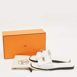 Pre Owned Hermes White Leather Giulia Flat Slides Size 41