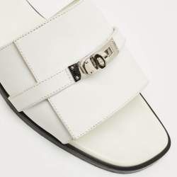Pre Owned Hermes White Leather Giulia Flat Slides Size 41