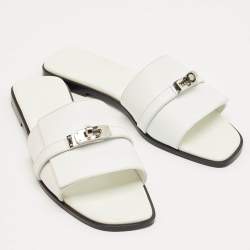 Pre Owned Hermes White Leather Giulia Flat Slides Size 41