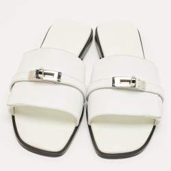 Pre Owned Hermes White Leather Giulia Flat Slides Size 41