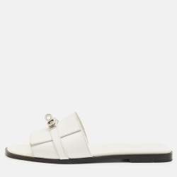 Pre Owned Hermes White Leather Giulia Flat Slides Size 41
