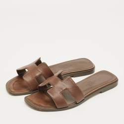 Pre Owned Hermes Brown Leather Oran Flat Sandals Size 35