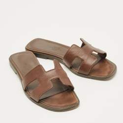 Pre Owned Hermes Brown Leather Oran Flat Sandals Size 35