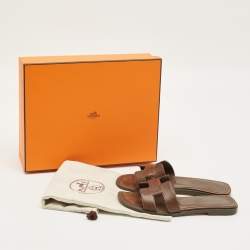 Pre Owned Hermes Brown Leather Oran Flat Sandals Size 35